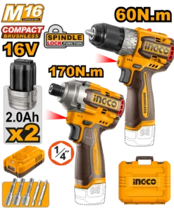 طقم 16 فولت (شنيور 60 نيوتن دقاق + دريل ربع بوصة 170 نيوتن) مع 2 بطارية انكو - COSLI240968