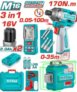 طقم (دريل 170 نيوتن + ميزان ليزر + متر ليزر 100 متر ) مع 2 بطارية 16 فولت – TOSLI250886