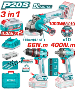 طقم كومبو 3 قطع (شنيور – صاروخ – دريل) مع 2 بطارية 4 امبير – TOSLI241291